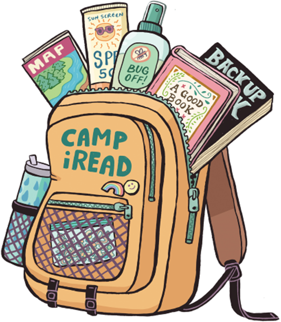 Bacpack full of books, bug spray, a map, water. Text "Camp iRead" written on backpack. 