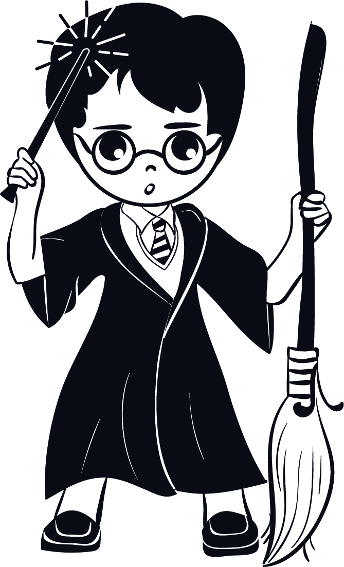 Boy (Harry Potter) stands in a black robe holding a wand and a broom.