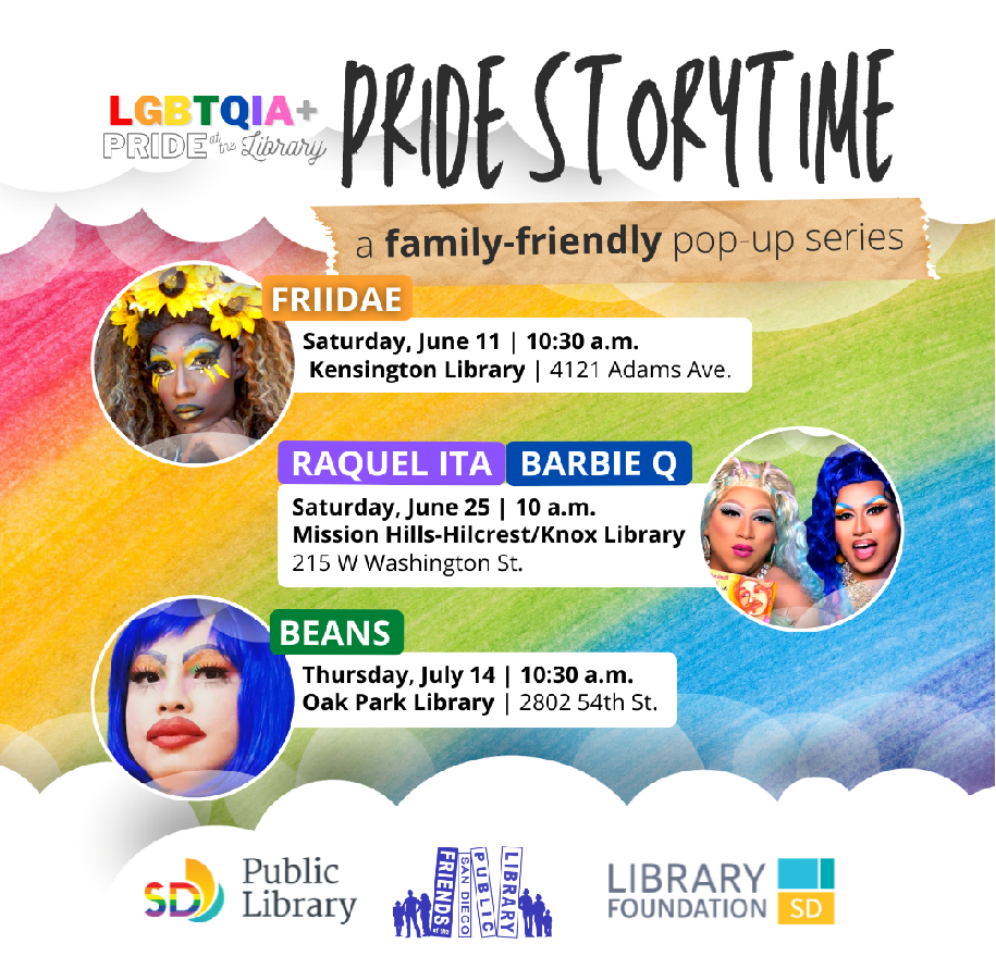 Flyer  of Pride Storytime 2022 on rainbow background!