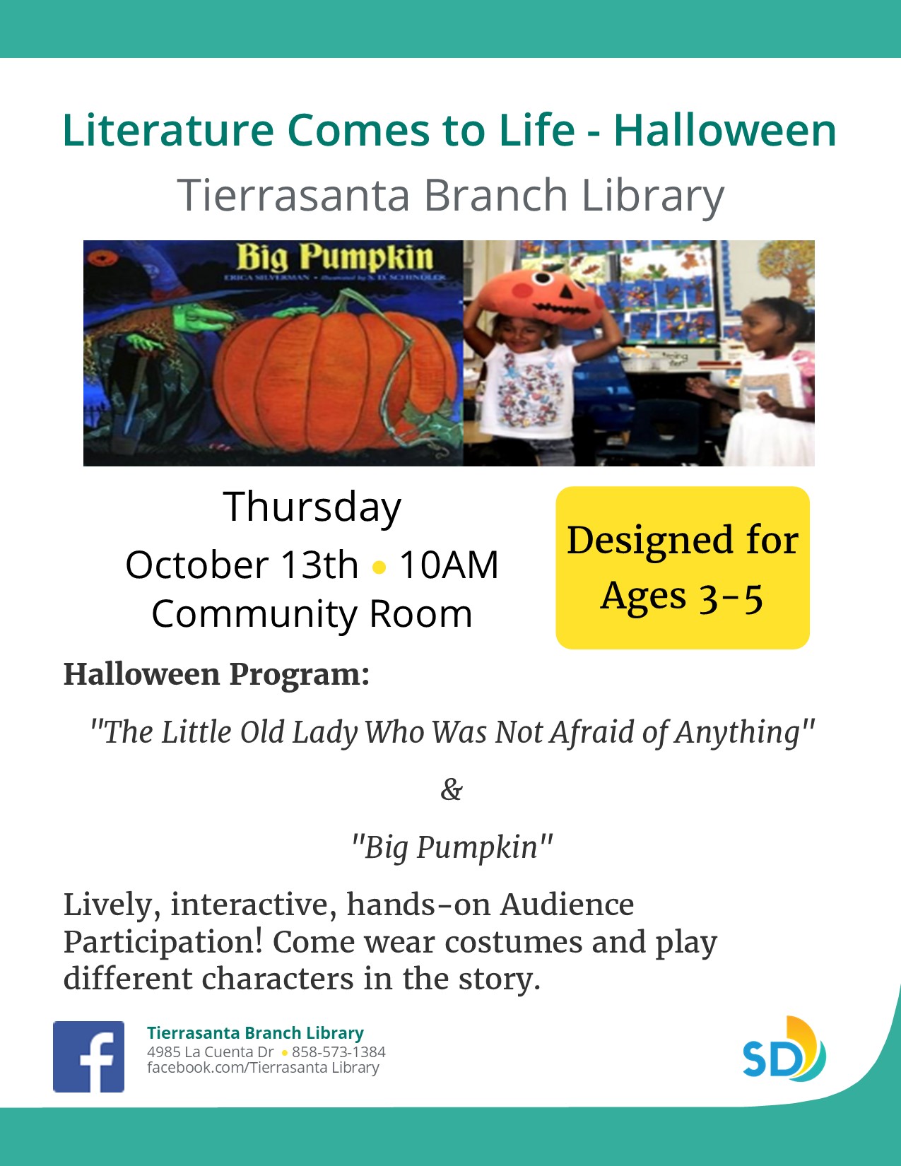 flyer with a cartoon pumpkin and children in costumes