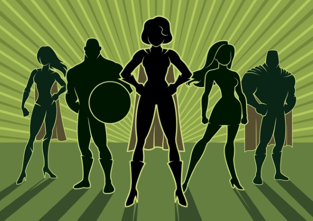 Green background, 5 shadows of different super people/heroes. 