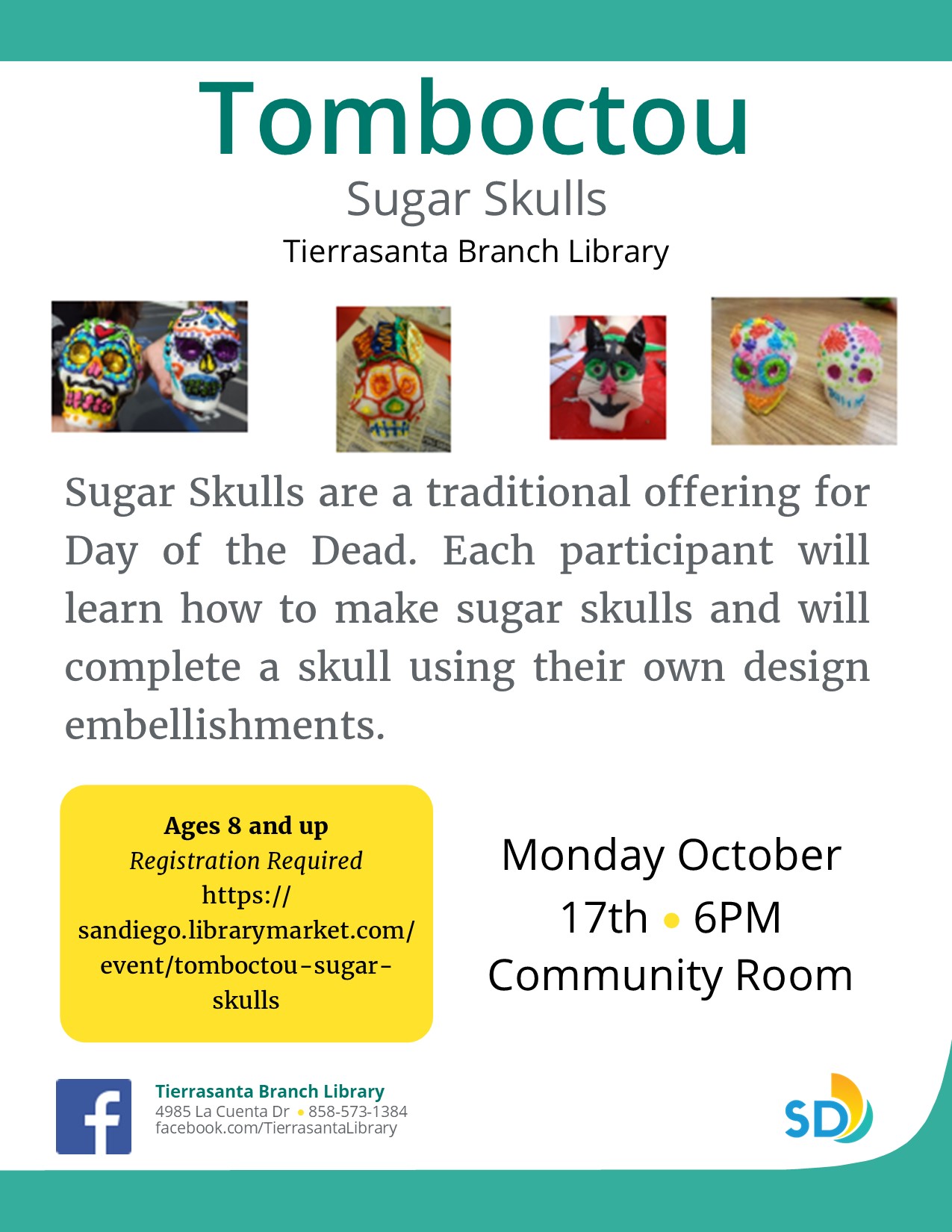 Flyer with skull-shaped sugar cubes painted for Day of the Dead