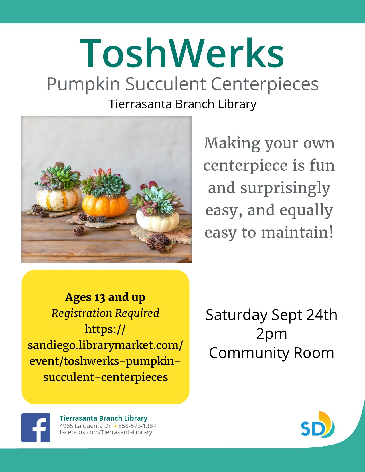 Flyer with a picture of pumpkin succulent centerpieces