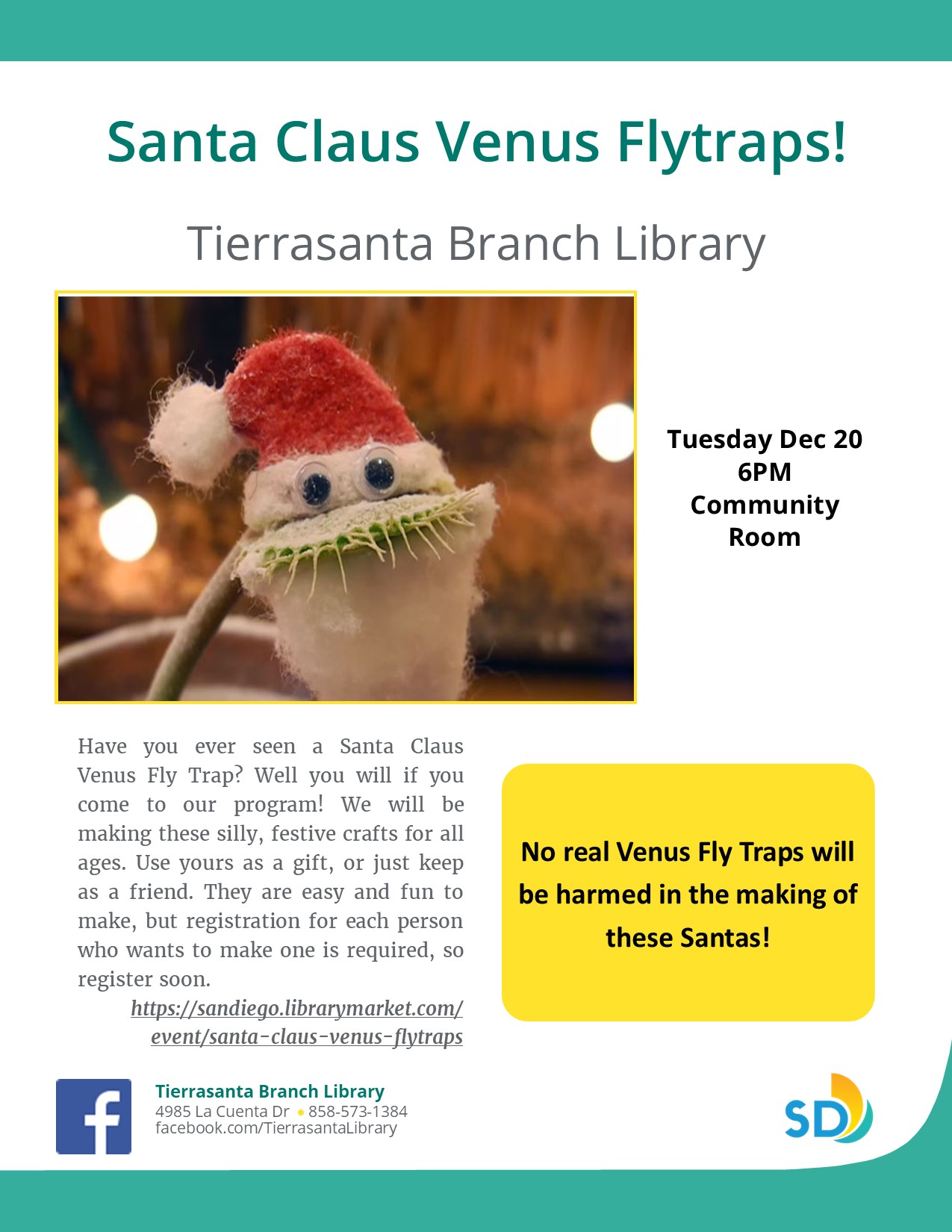 Flyer with a venus flytrap decorated with googly eyes, a santa hat and beard