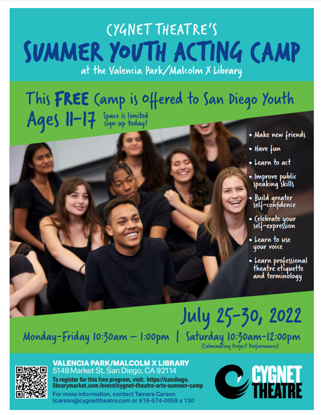 Flyer of Cygnet Theatre summer camp, a green background with diverse students in black clothes