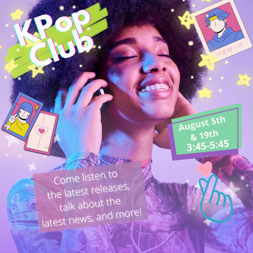 Black teen girl with headphones and afro listening to music against a purple background. The words "KPop Club" are written in the top left corner in white with a green background, along with a program description and the program dates.