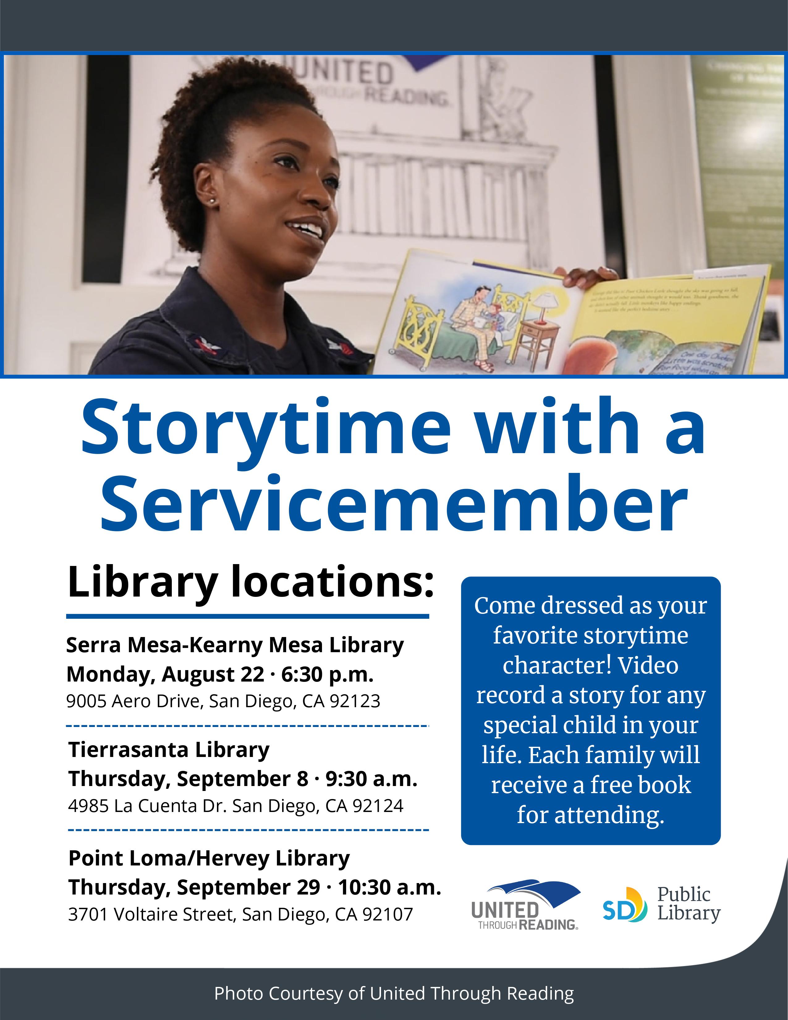 Flyer with a black female service member reading a children's story