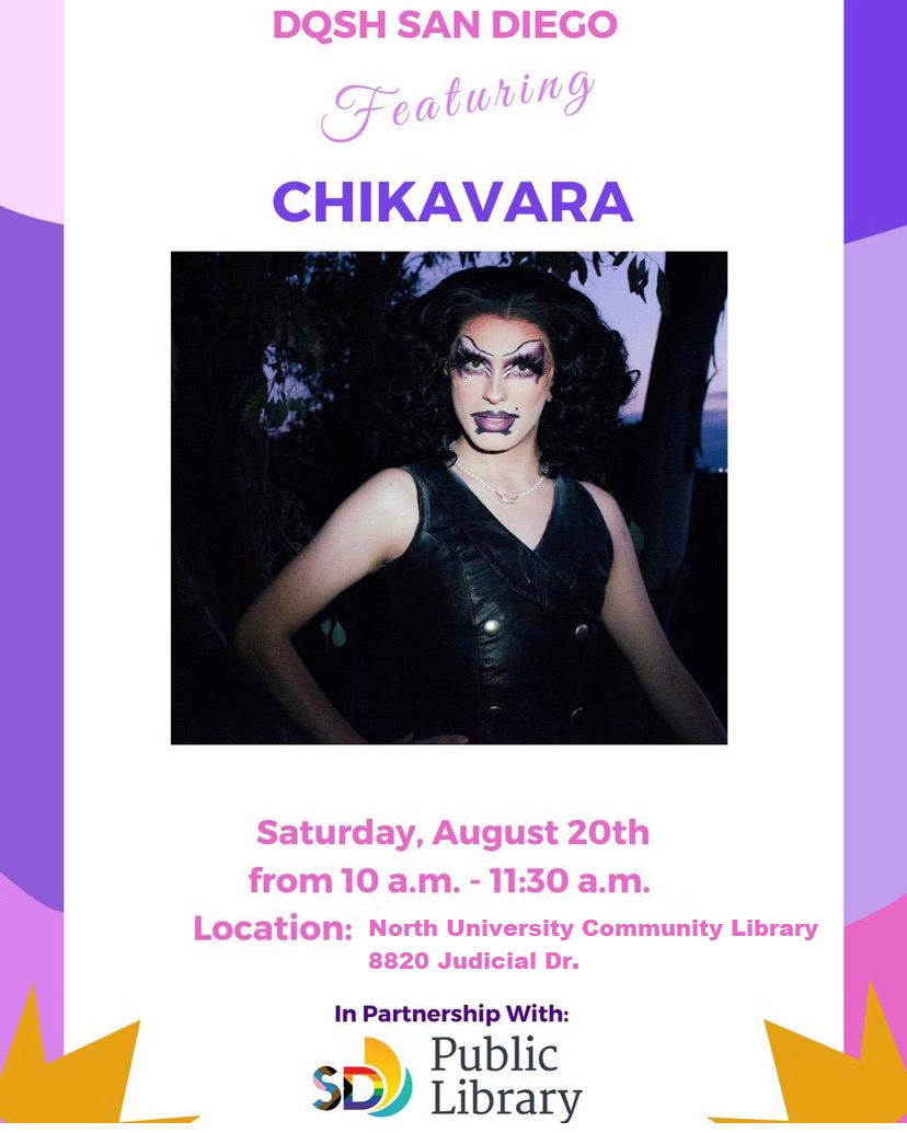 An image of a flyer on awhite background and purple and yellow border with pink text, in the middle a drag performer is in a black leather dress. She has shoulder length black hair and dark purple makeup.