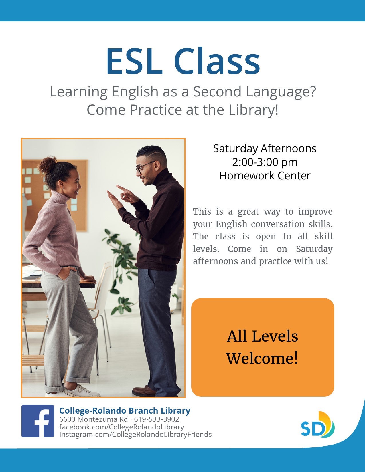 This is a great way to improve your English conversation skills. The class is open to all skill levels. Come in on Saturday afternoons and practice with us!