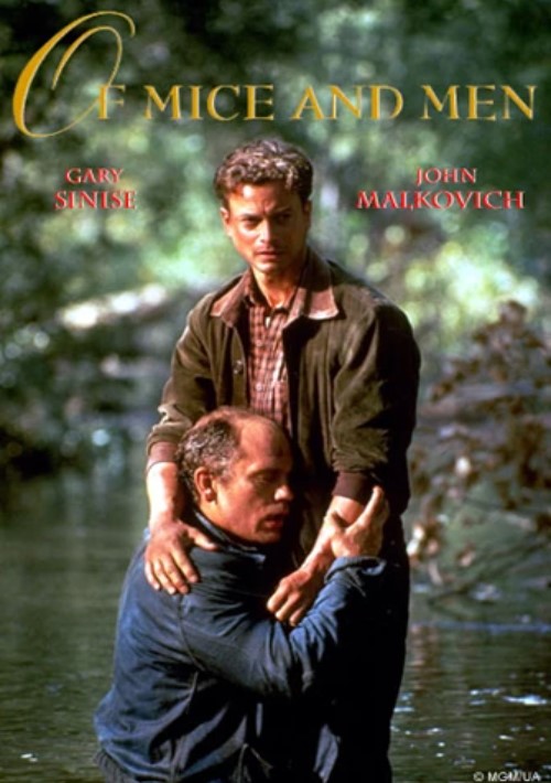 Poster for "Of Mice and Men" with a man embracing a kneeling man