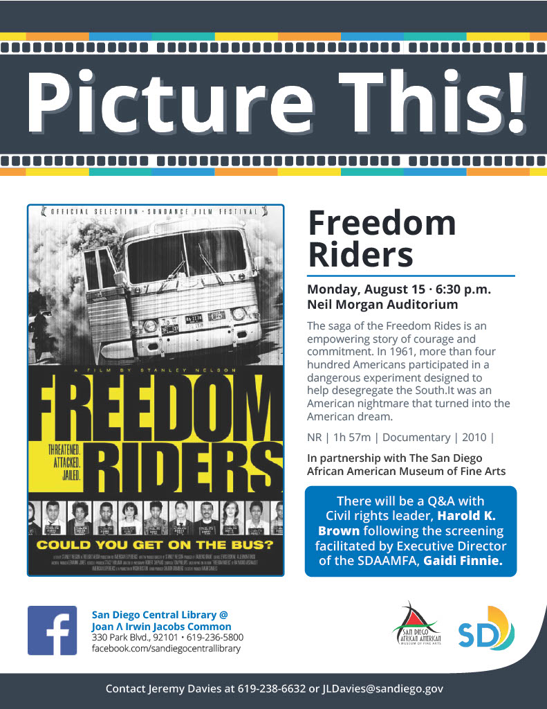 Flyer for screening of the film Freedom Riders, featuring a Q & A talkback with civil rights leader Harold K. Brown, facilitated by SDAAMFA Executive Director Gaidi Finnie.
