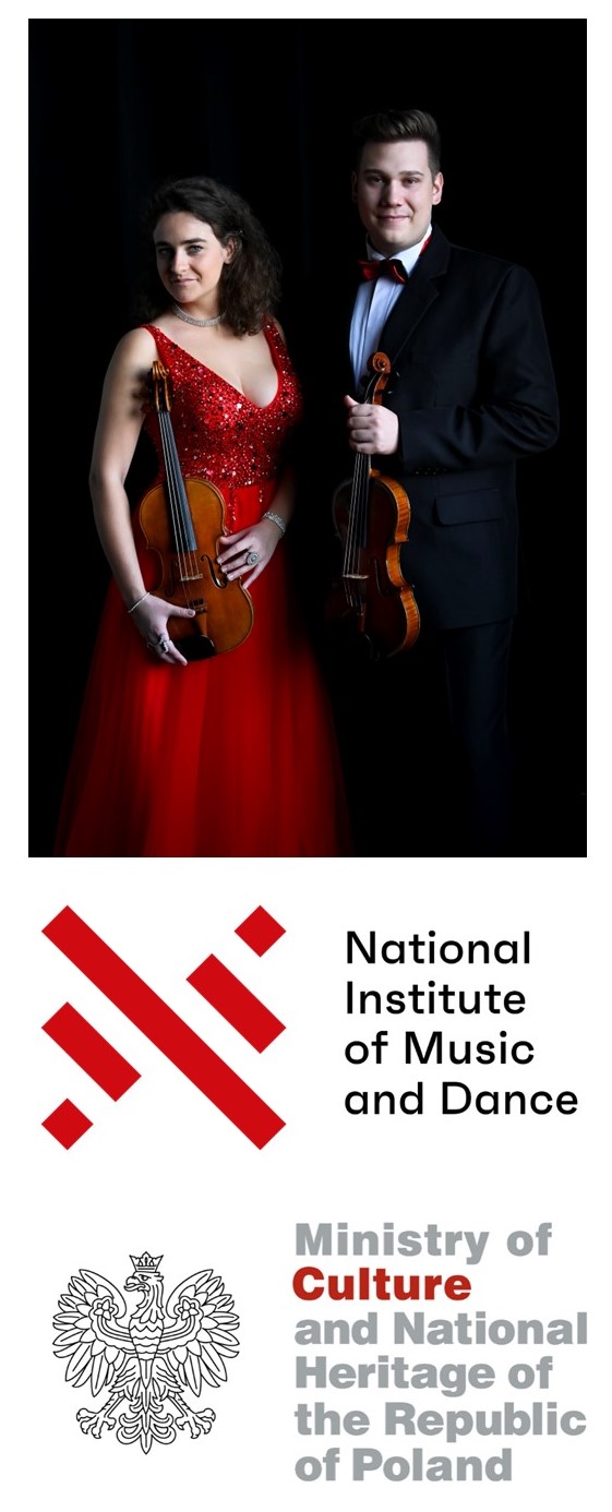 Image of two violinists, Marta and Robert, with violins