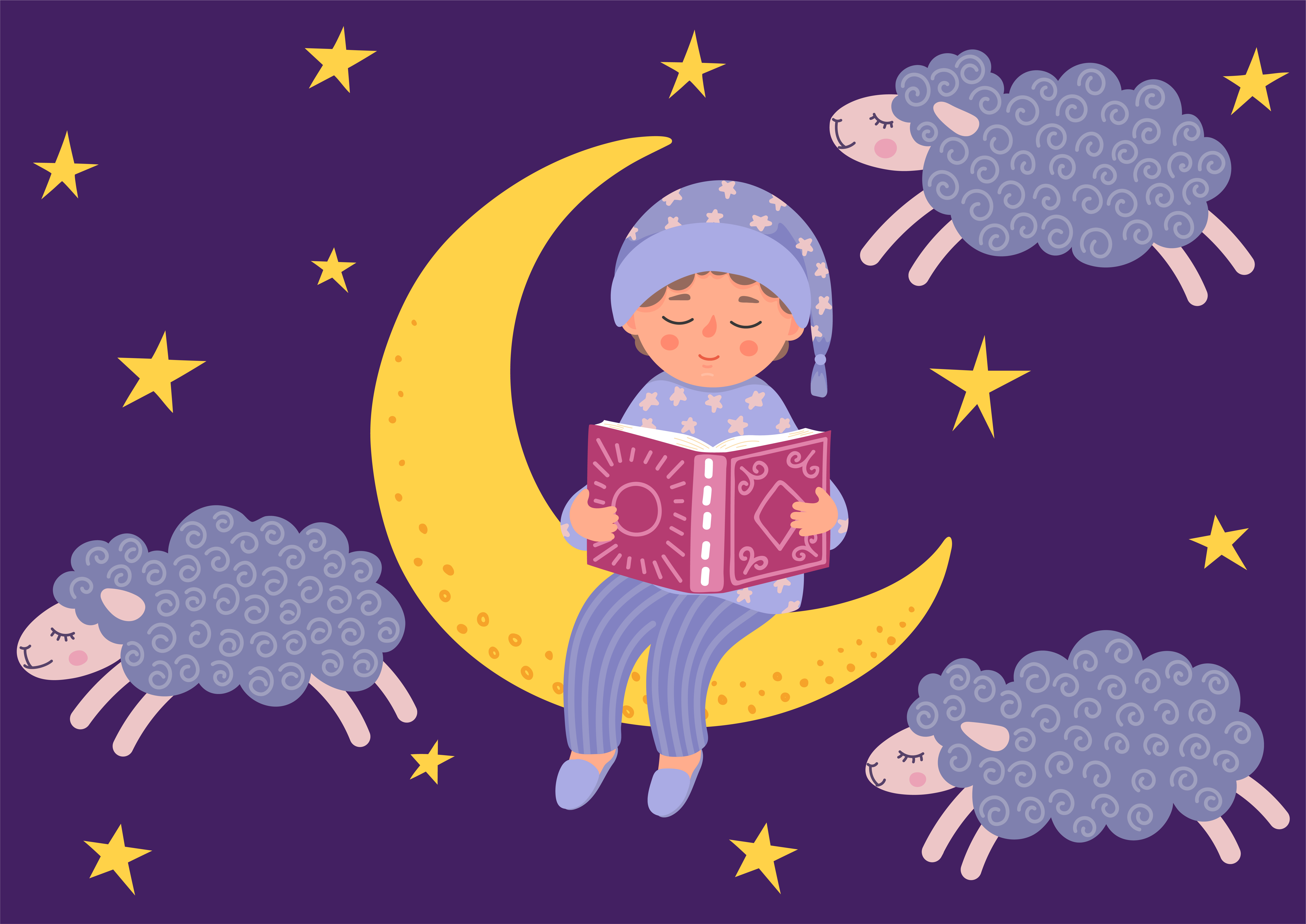 A boy sitting on a moon in pajamas reading a book surrounded by sheep.