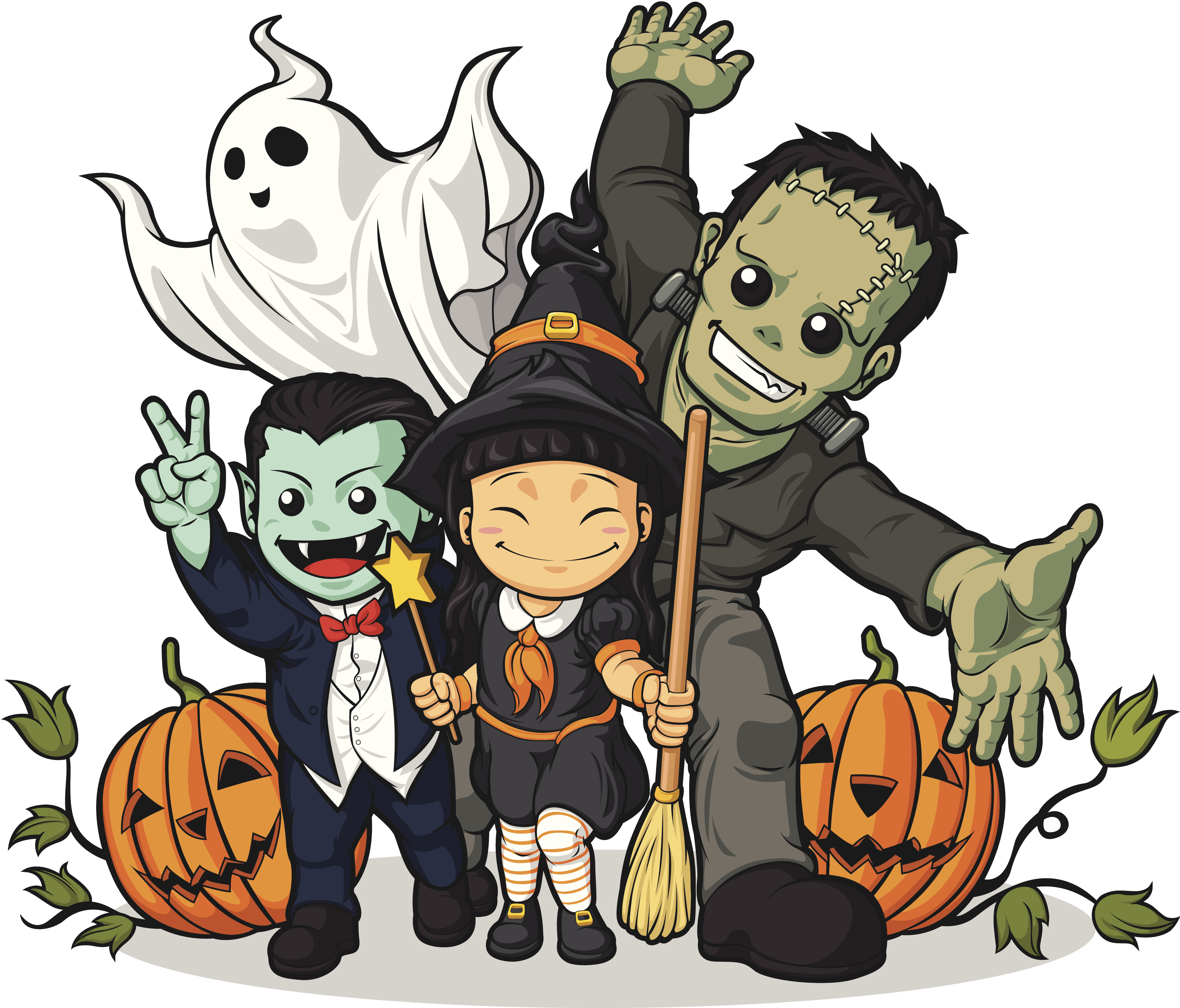 Halloween cartoon characters and jack-o-lanterns