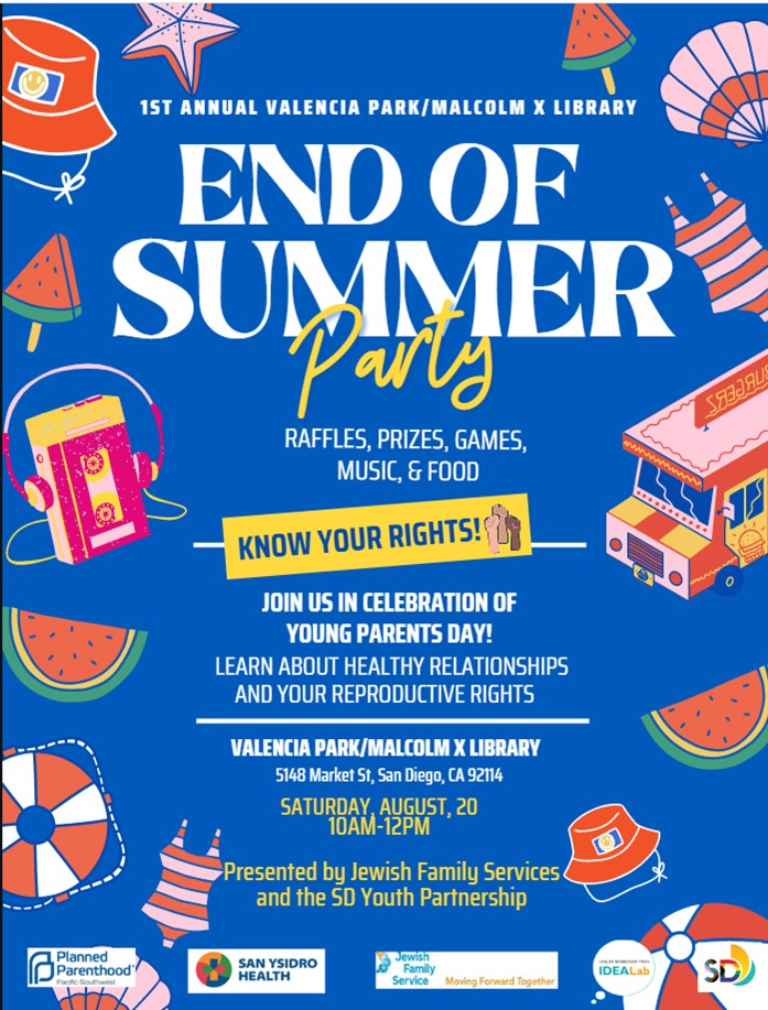 Flyer on a Blue Background that says END of Summer in a vibrant white font. There are different summer pictures like beach balls, a watermelon, bathing suit, and other items that represent summer. 