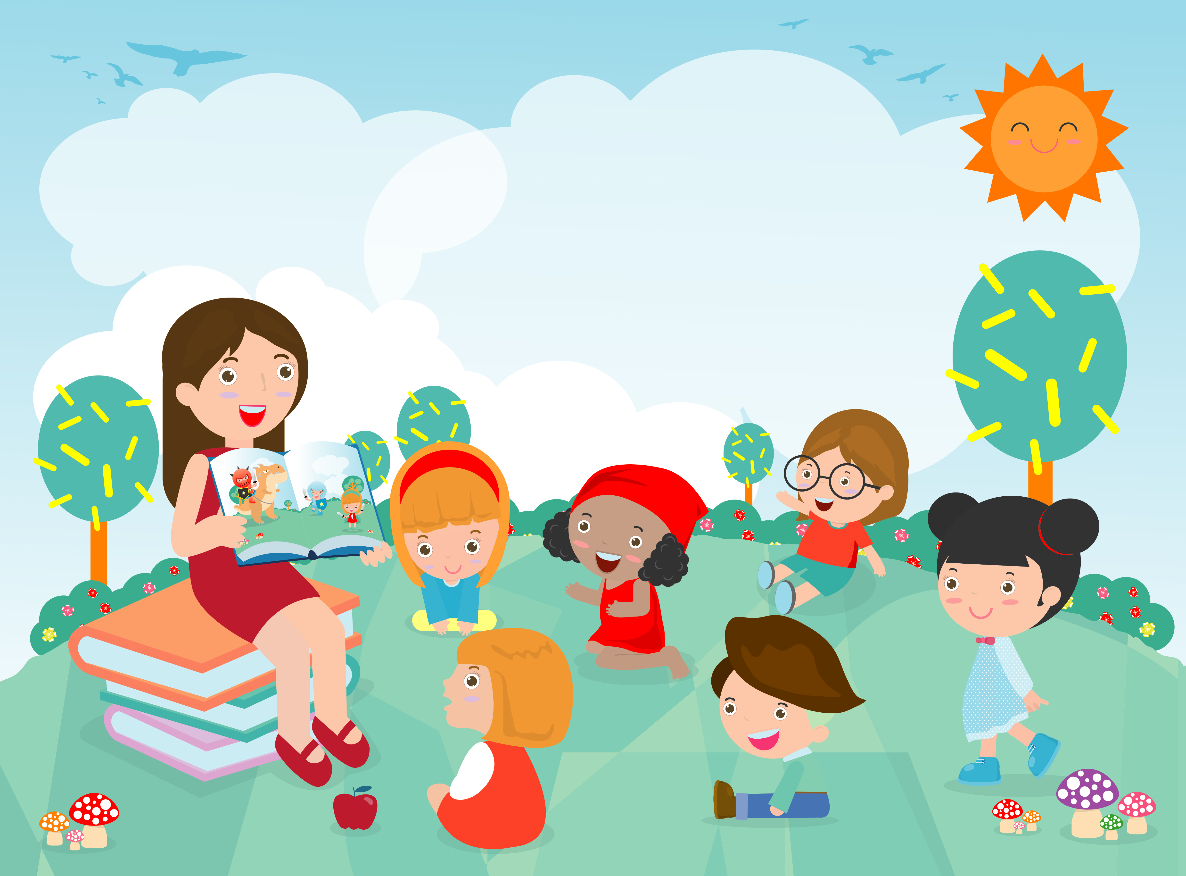 Illustration of a light-skinned person with brown hair reading a book in the grass to a small group of children