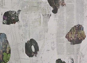 Close-up of art using newspaper and drawing to make a collage-like image by Don Strandberg.
