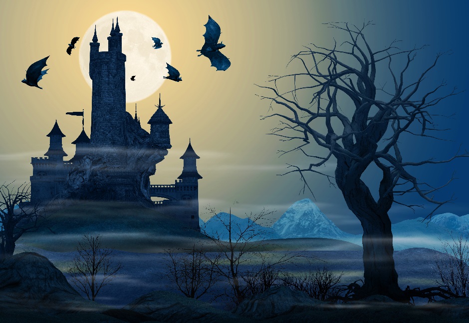 A spooky castle and a spoky tree in front of a night sky