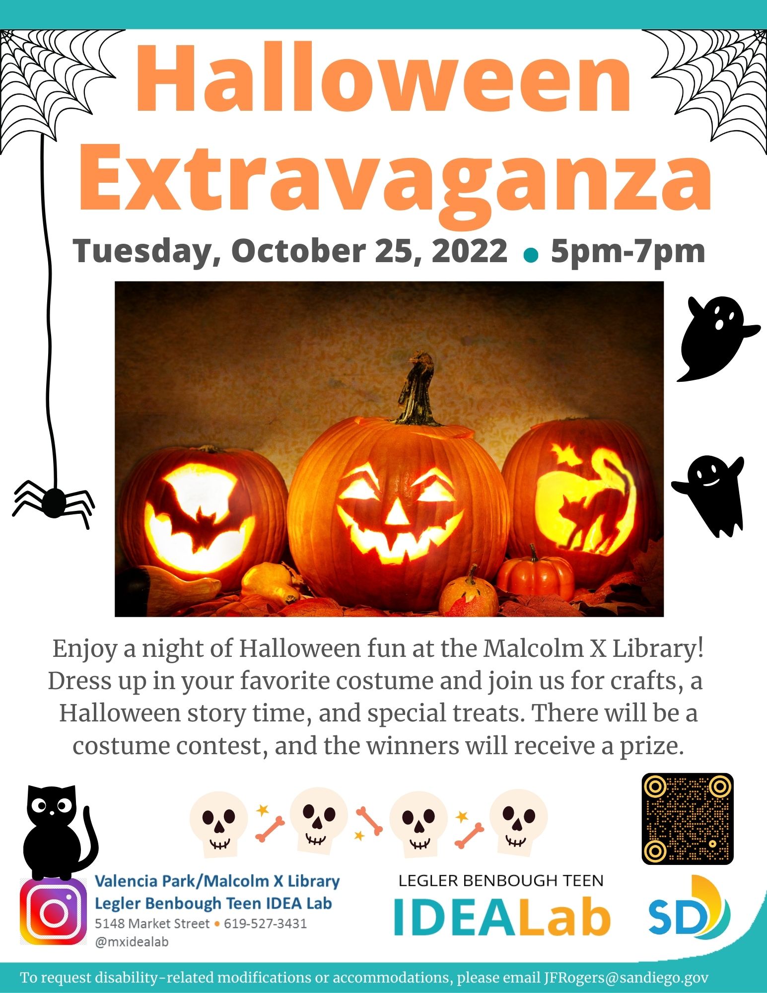 Flyer of Halloween event white flyer with teal background, orange jack-o-laterns with creepy smiles have a glowing candle in them. 