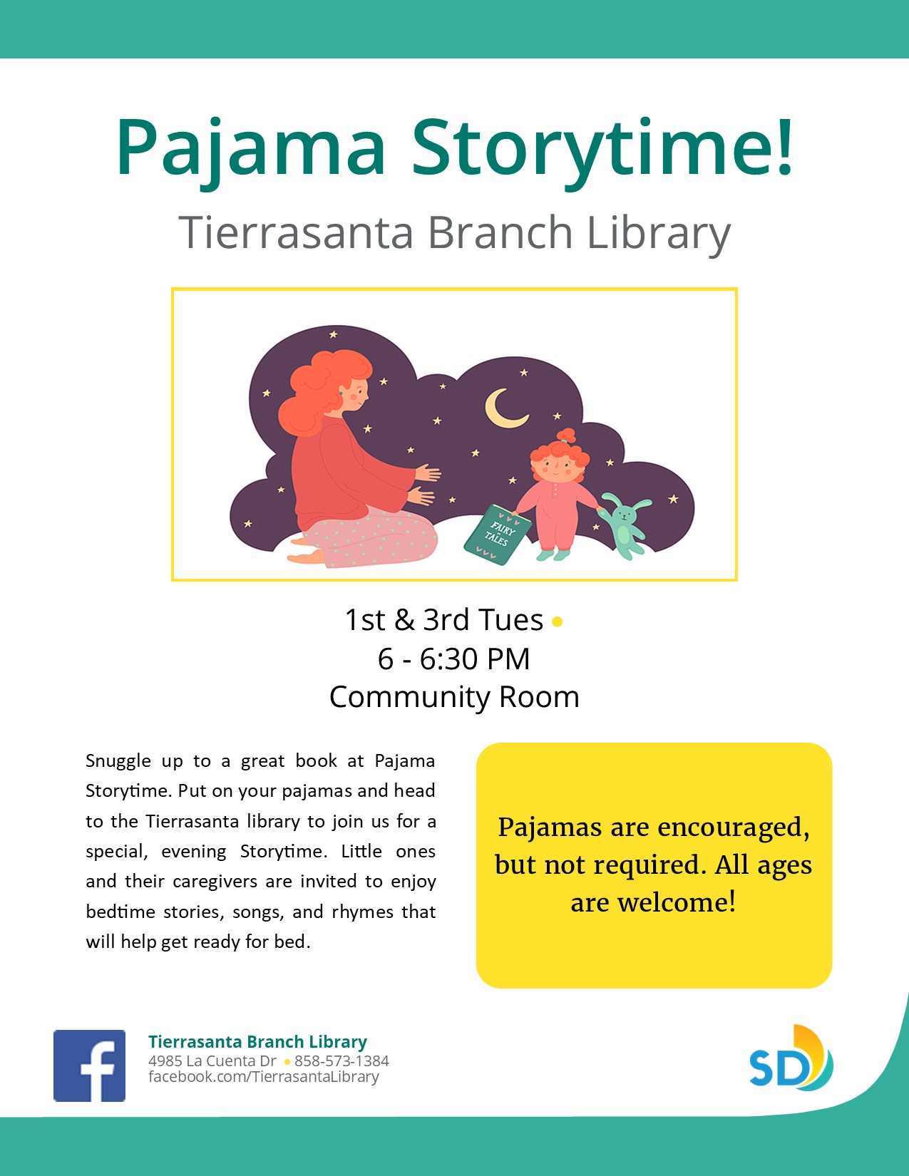 Flyer with a cartoon of a mama reading to her child in their pjs at night