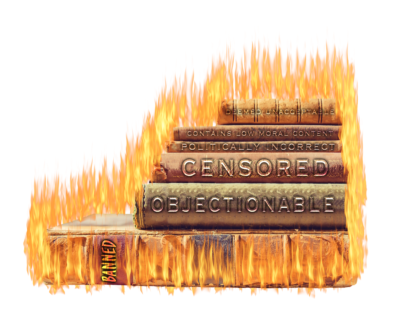 A stack of books laid on their side are on fire. Their spines say, "Deemed Unacceptable", "Contains Low Moral Content", "Censored", "Objectionable", and "Banned."