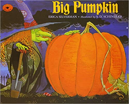 Cover art of the "Big Pumpkin," a huge orange pumpkin with a green stem that cascades down the pumpkin is in the middle and a witch with green skin, a long nose, a purple pointed hat, and black robes is standing behind the pumpkin.