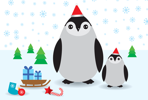 Penguins in Santa hats with a sled that has gifts