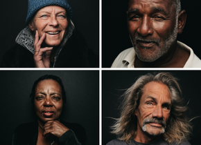 Four portraits of unhoused people by photographer Jordan Verdin. 