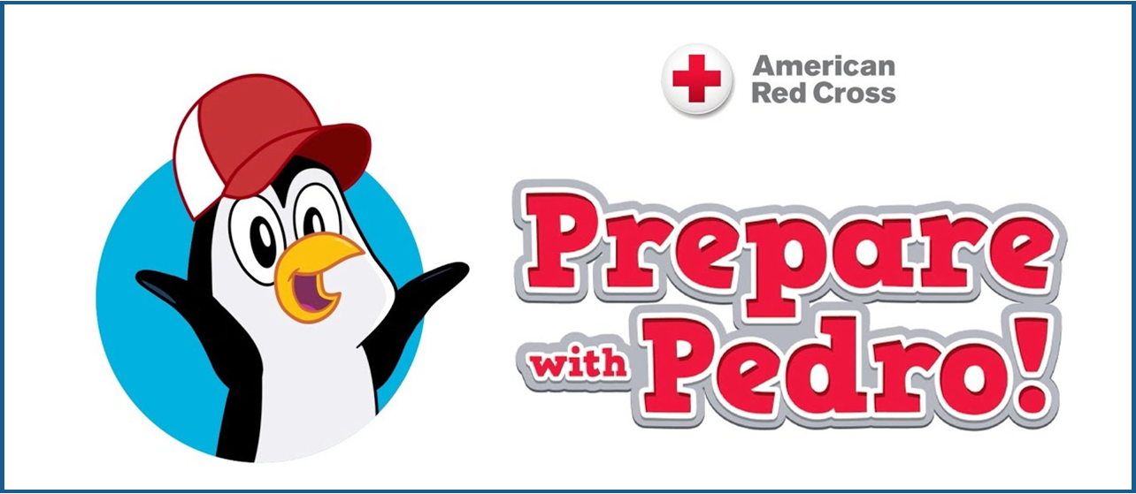 Cartoon penguin with a red ball cap; text reads American Red Cross and Prepare with Pedro!