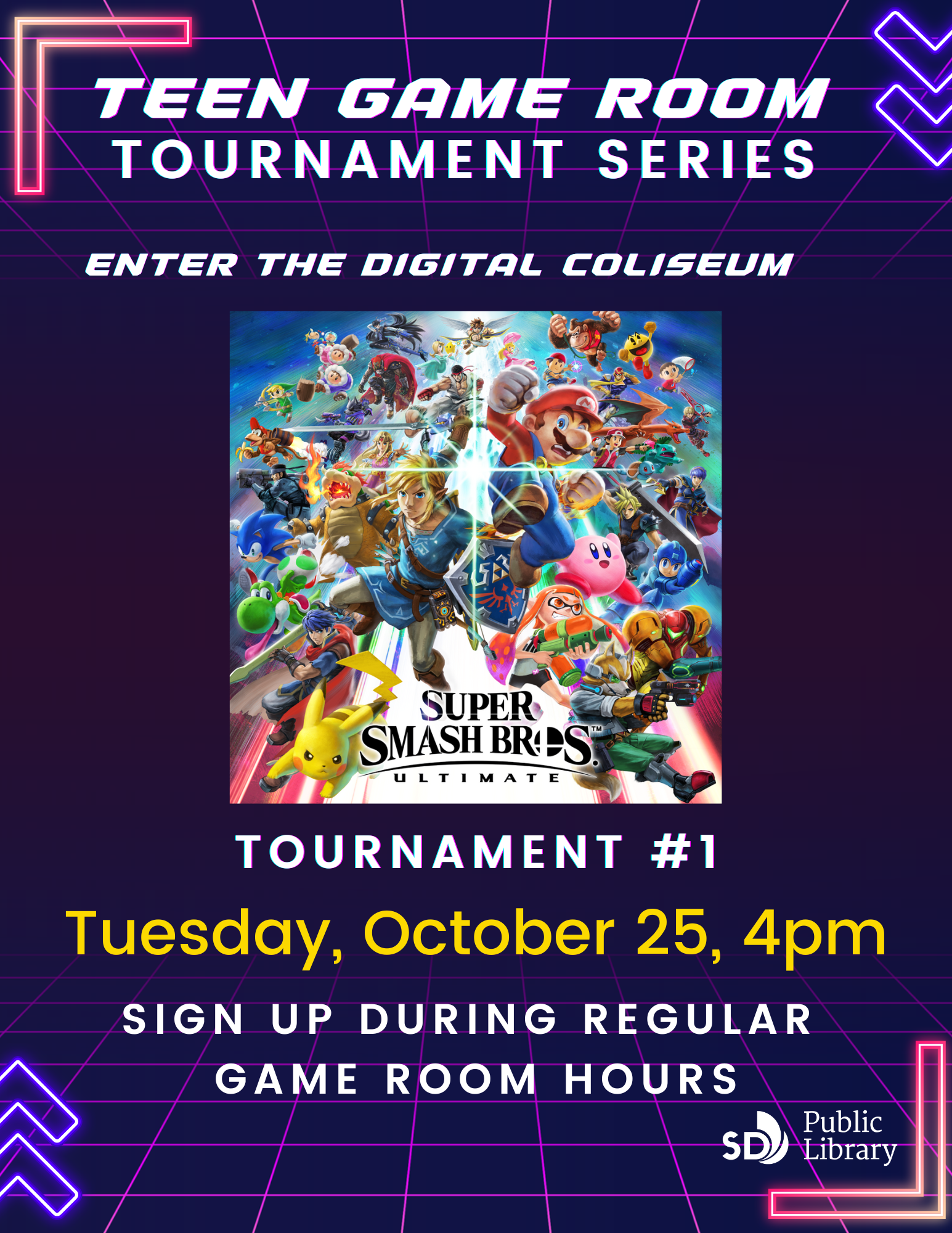 Teen Game Room Tournament Series. Enter the digital coliseum. Tournament #1, Tuesday, October 25, 4 P. Sign up during regular game room hours. 