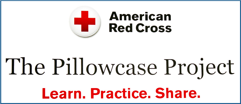 Red Cross logo with text reading: American Red Cross, The Pillowcase Project, Learn. Practice. Share.
