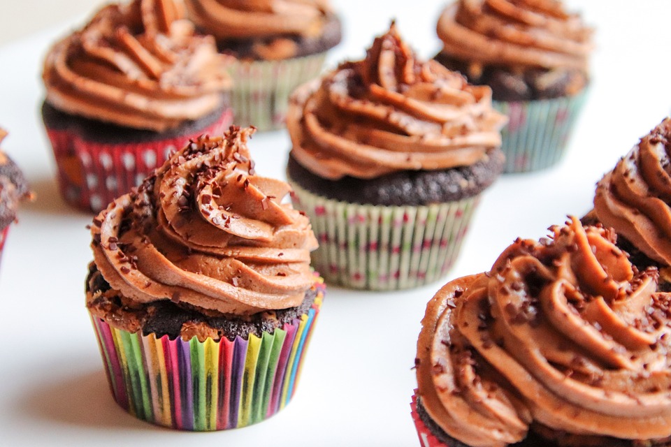 chocolate cupcakes with chocolate frosting and sprinkles