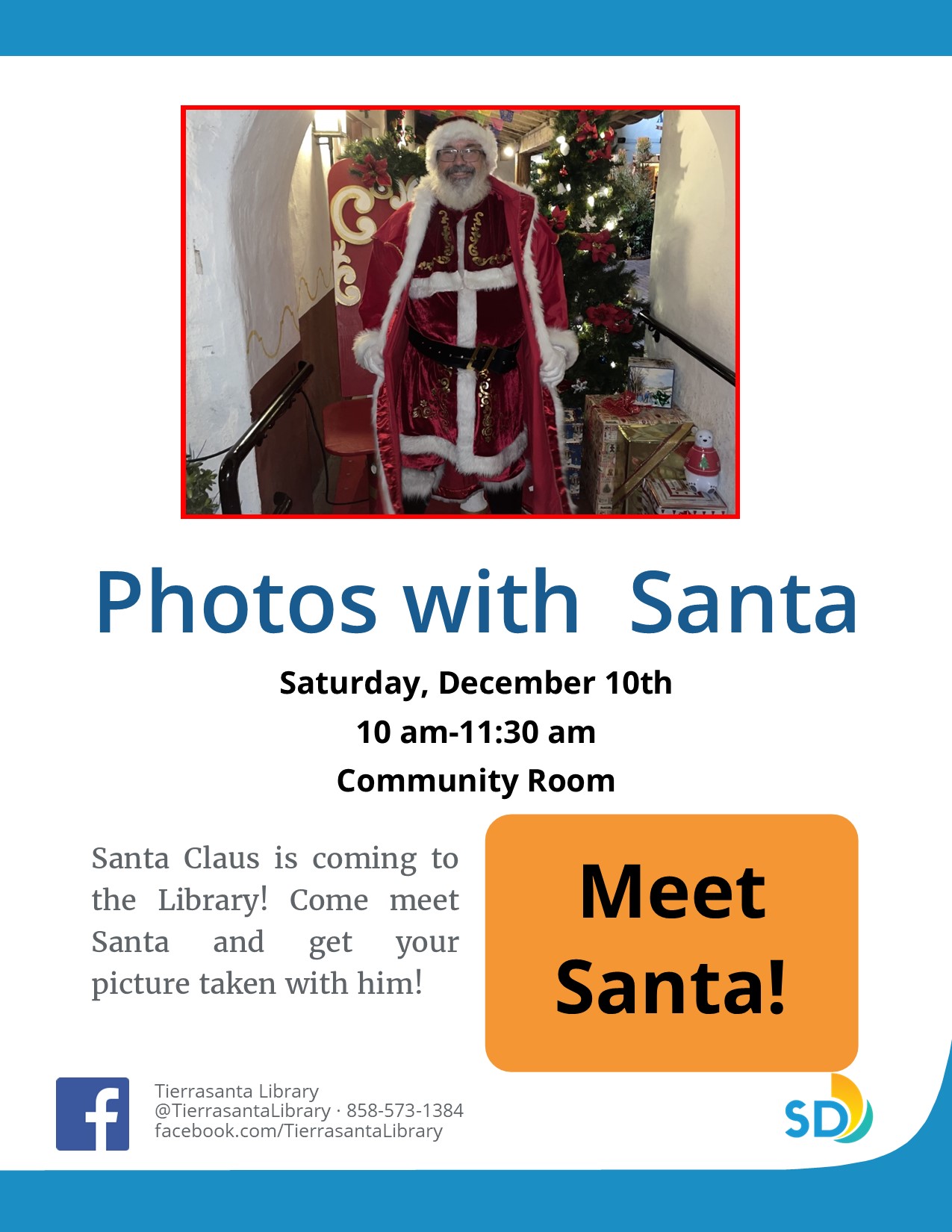 Flyer with a picture of Santa in a Christmas tree setting