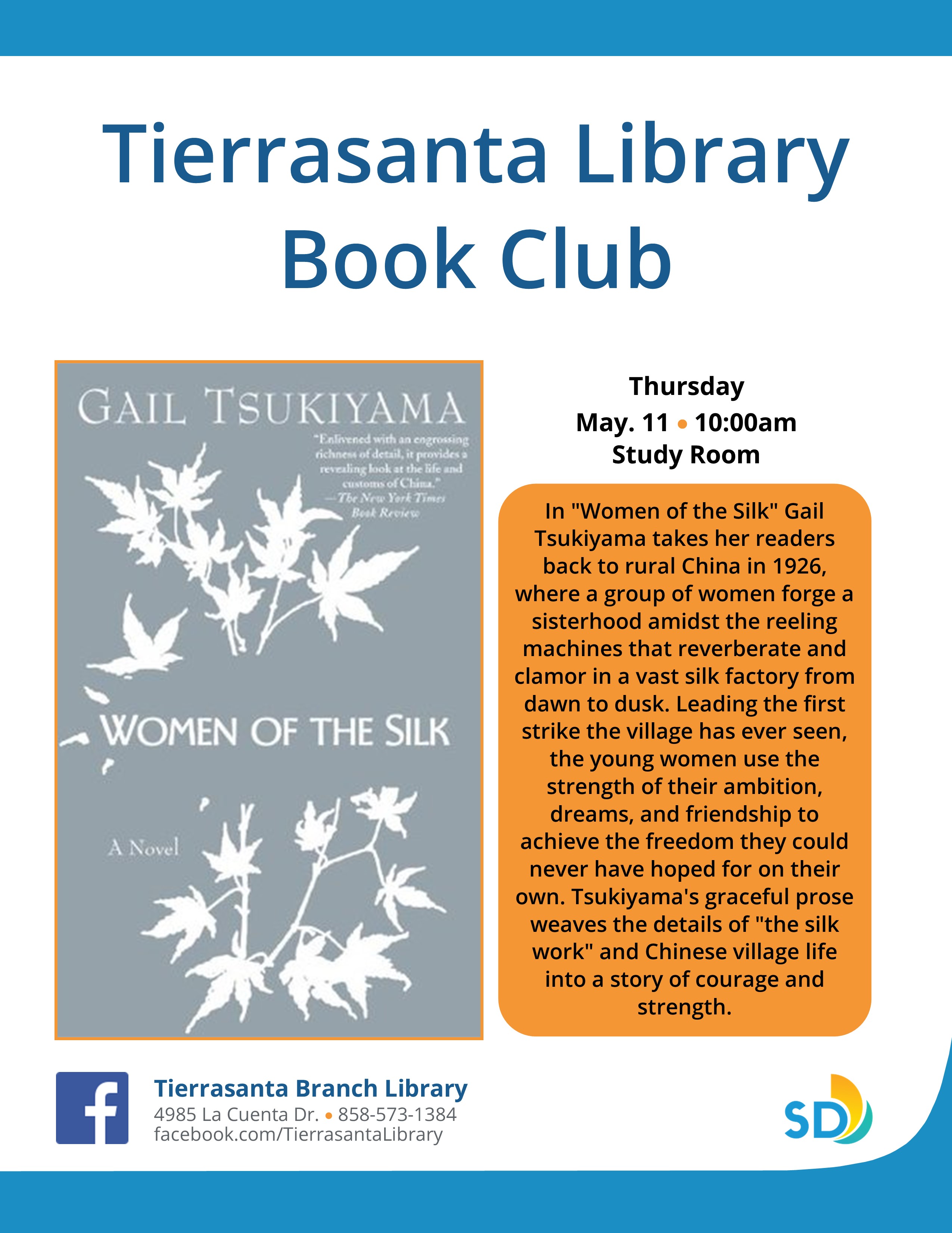 Flyer with a gray book cover with the image of white leaves on branches