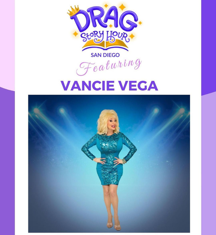 Picture of performer Vancie Vegas, dressed up as Dolly Patron with a bright blond wig and blue sparkly dress on a blue background with lights shining and a white and purple background. 