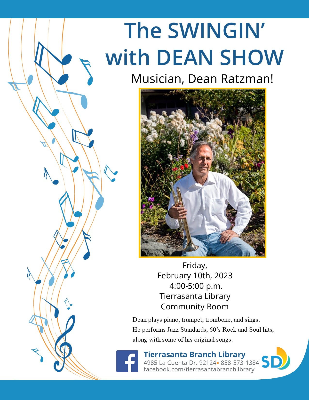Flyer with picture of a gentleman surrounded by nature and musical notes