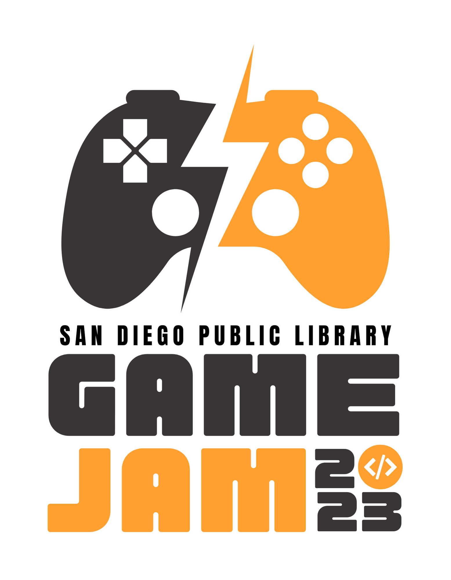 program logo (black and orange game controller) with text "San Diego Public Library Game Jam 2023"