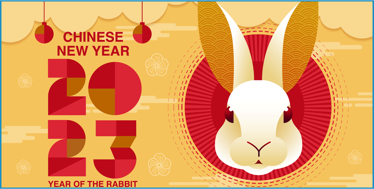 Image of a rabbit and the words "Chinese New Year 2023 Year of the Rabbit."