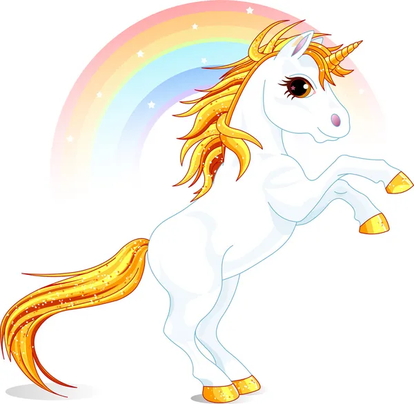 Prancing unicorn with rainbow in background