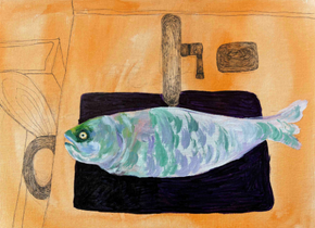 Painting of a big brightly colored fish in a bathroom sink by artist from Unconfined the Project. 