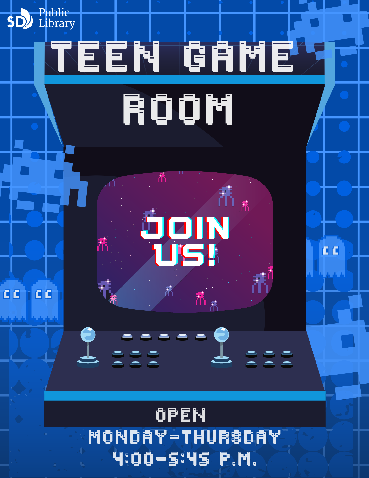 Teen Game Room. Join us! Open Monday-Thursday, 4pm-5:45pm.