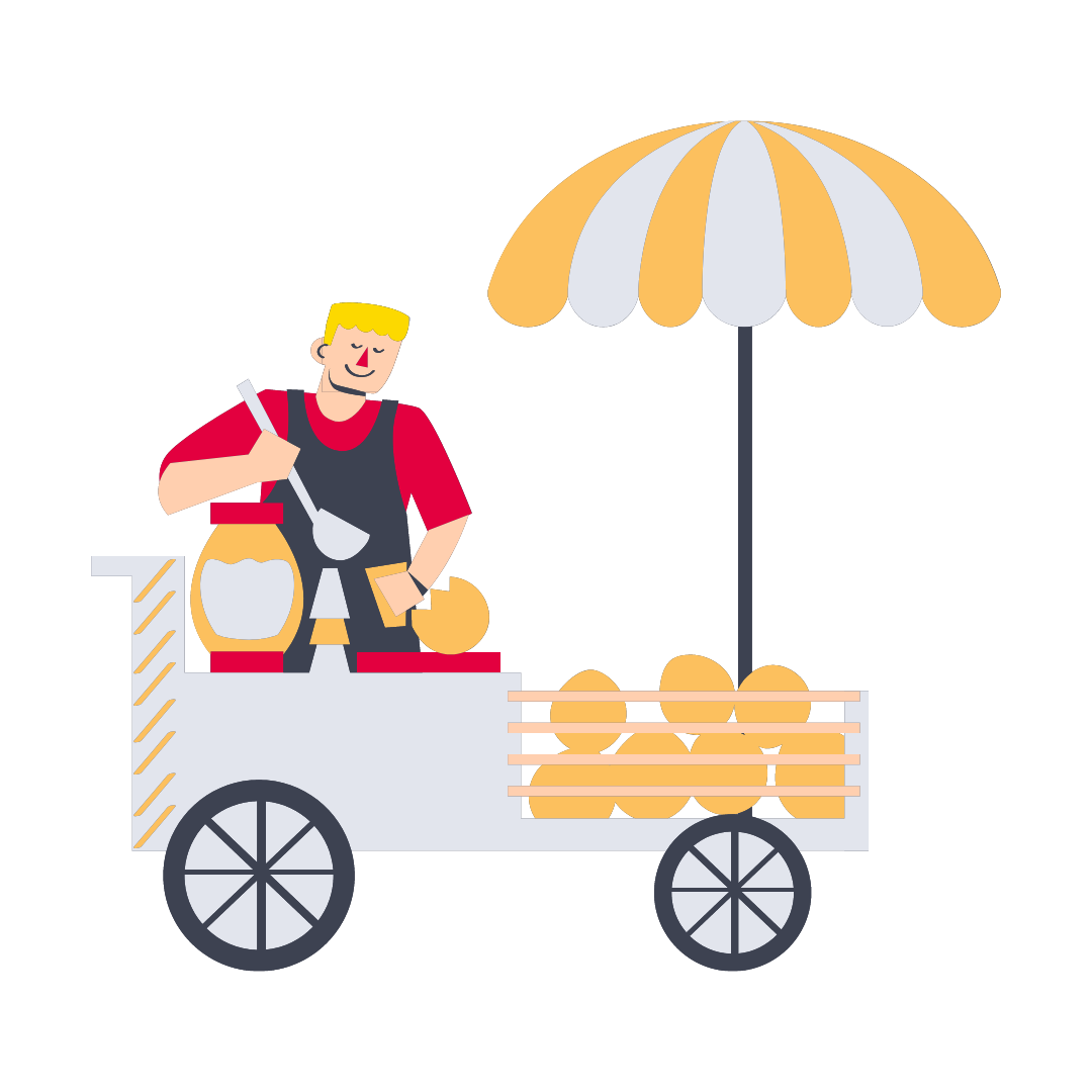 cartoon depiction of a man with a vending cart 