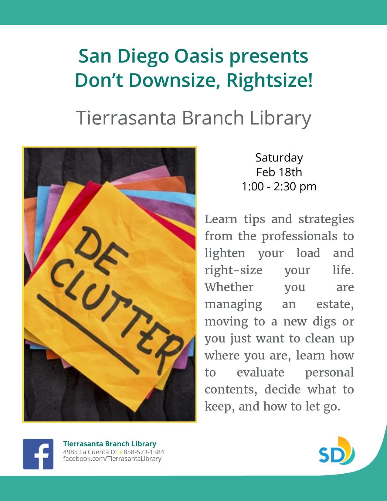 Flyer with image of post-it notes that say "declutter" in all caps on them