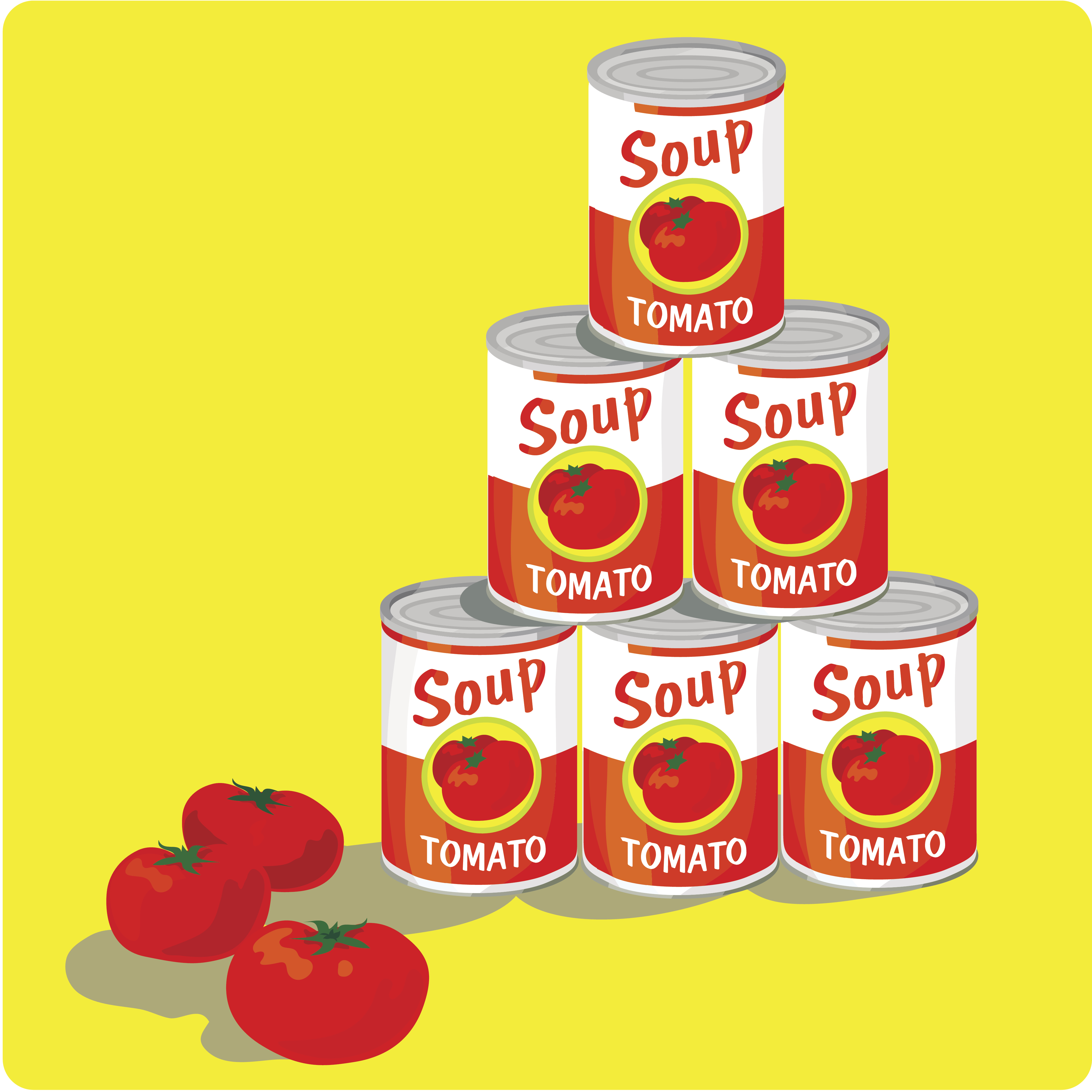 cans of soup stacked on a bright yellow background