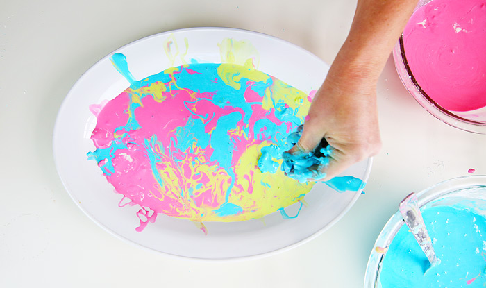 Colorful oobleck in a plate