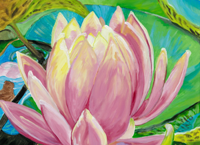 Painting of a water lily floating on a pond by artist Christy Ross. 