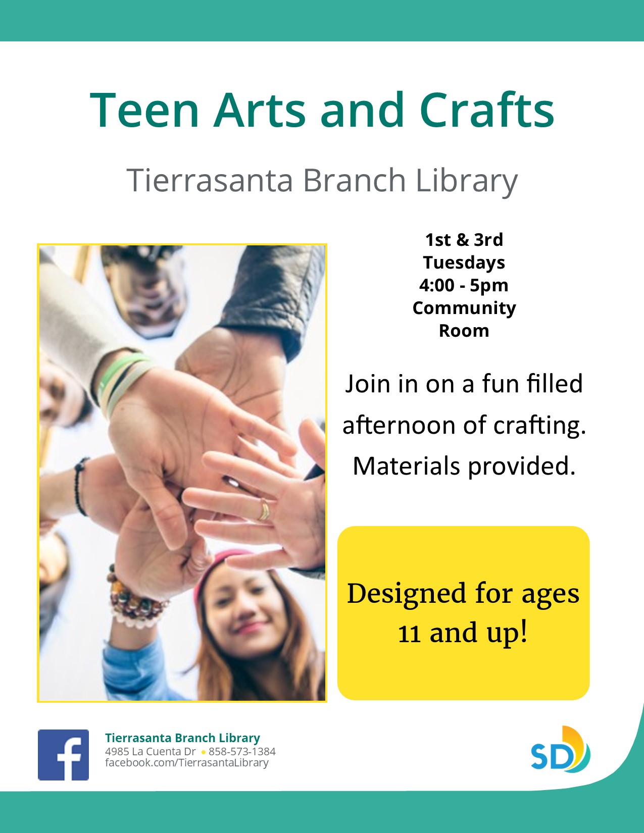 Flyer with the image of teenagers in a circle with their hands together