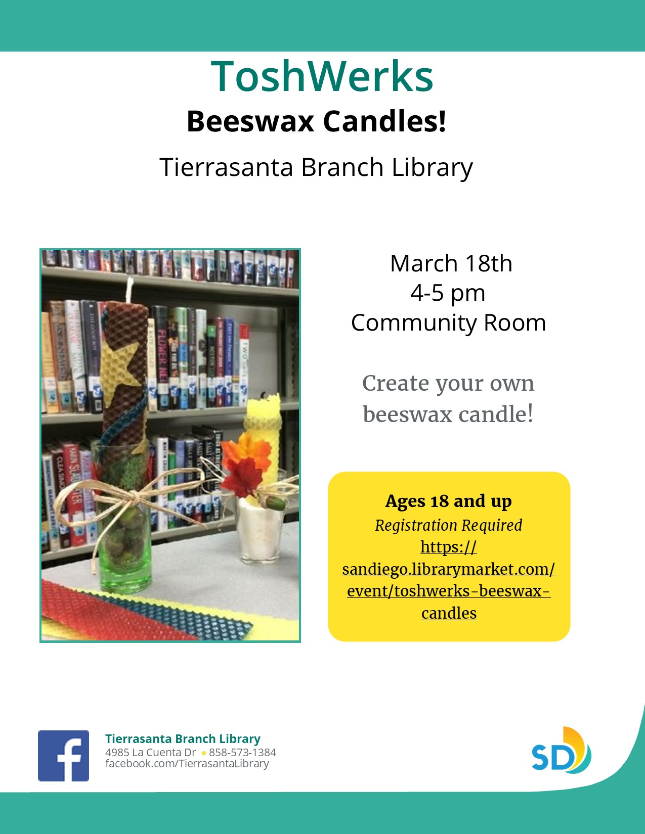 Flyer with the image of a library with beeswax candles on a table
