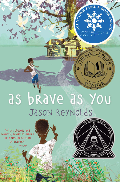 Front cover image of book As Brave As You. written by Jason Reynolds. Image is of two brothers, a cabin with a tree growing from the center, birds in the air set in rural virginia.