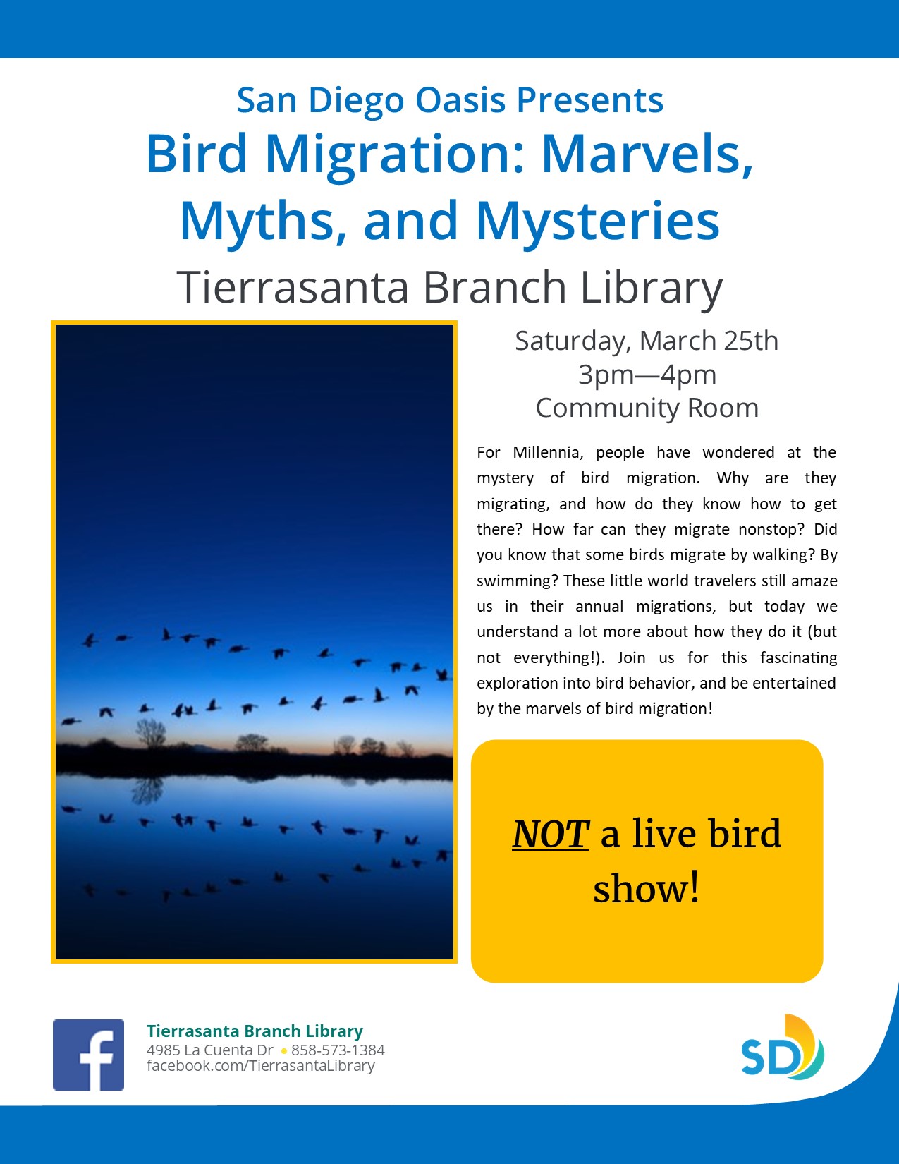 Flyer with the image of birds in flight during sunrise/set over a lake